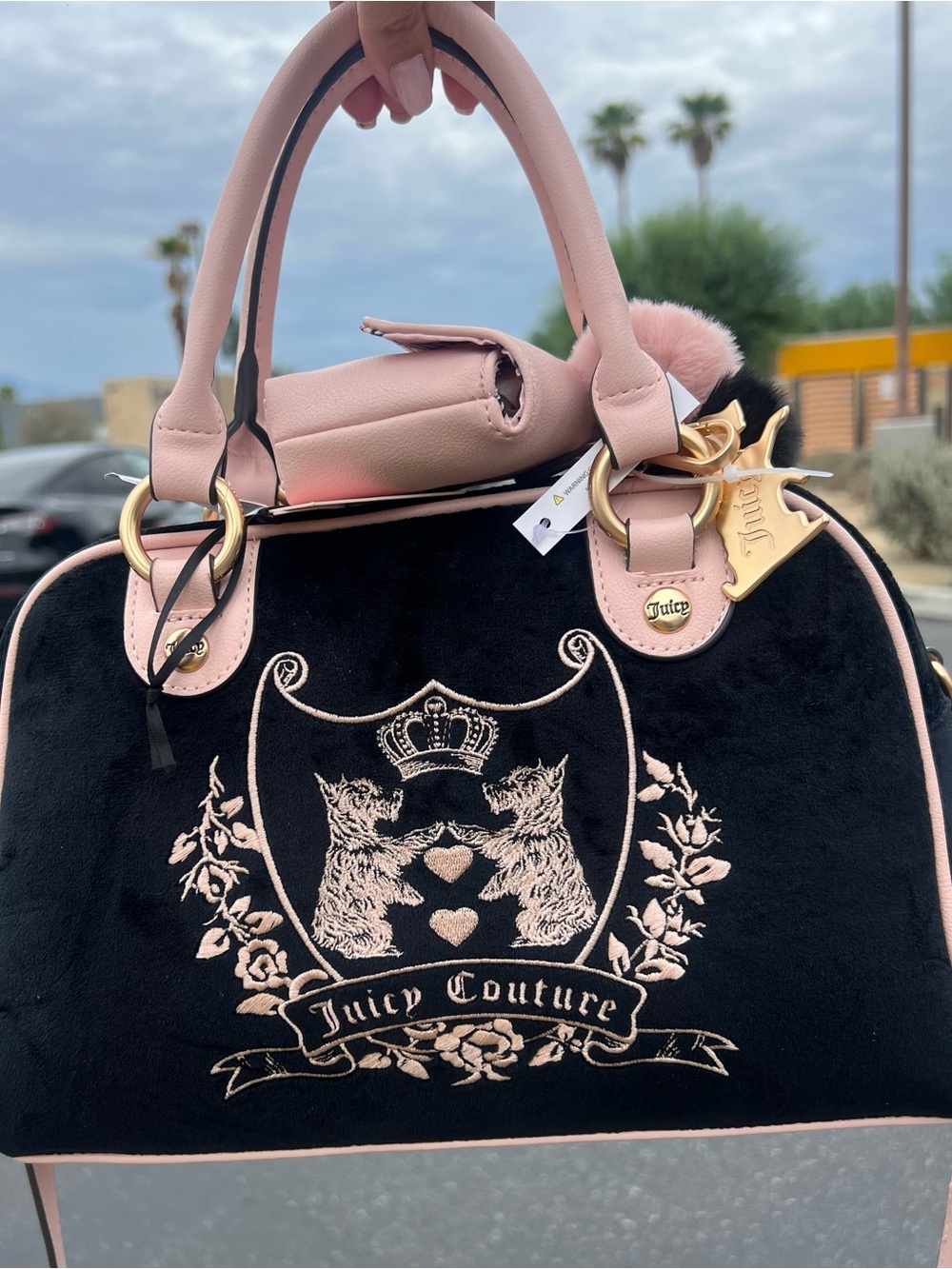 Juicy Couture Black Velvet Satchel with Pink Trim and Gold Hardware